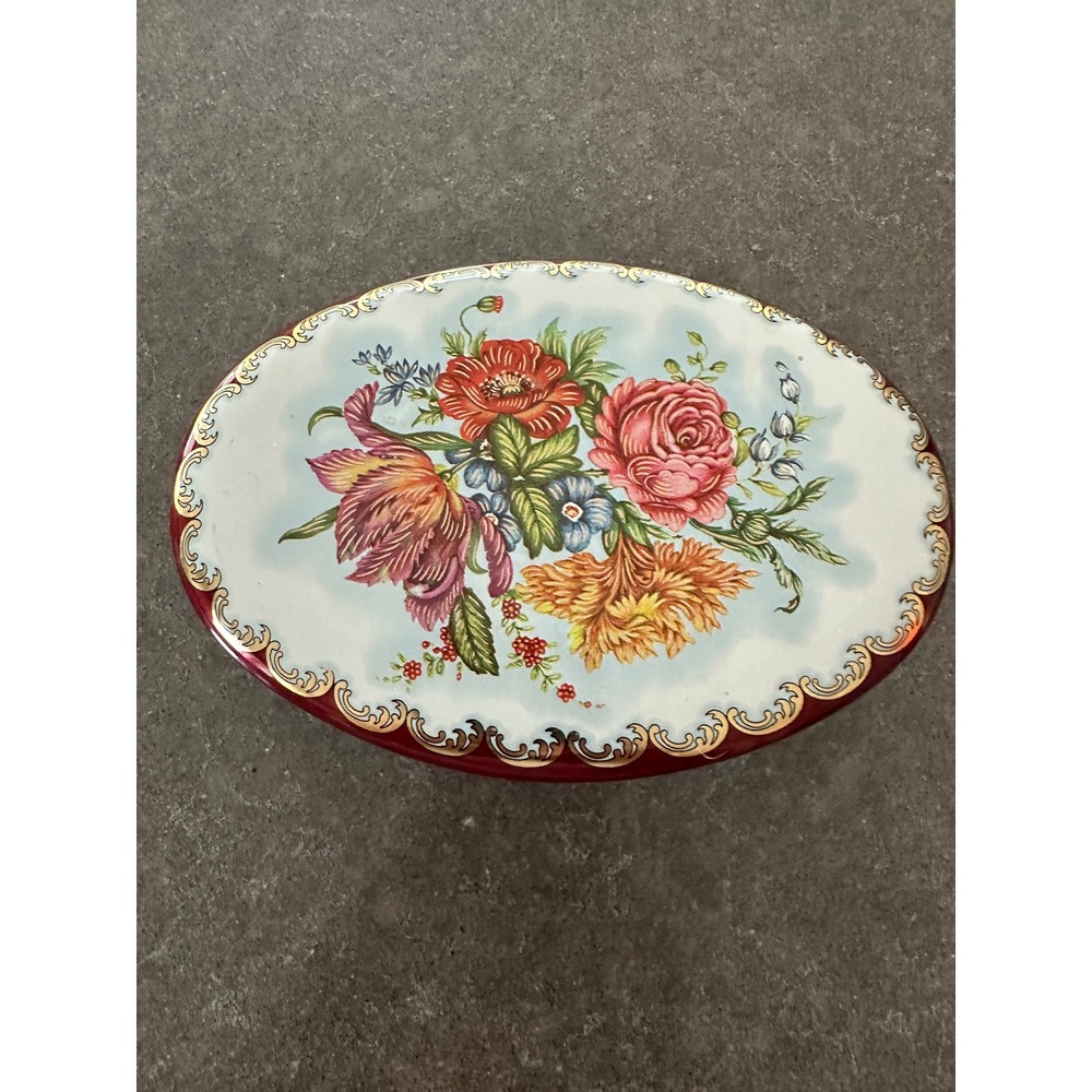 Vintage Daher Floral Tin Oval Container Made in England Burgundy Gold 6in EUC